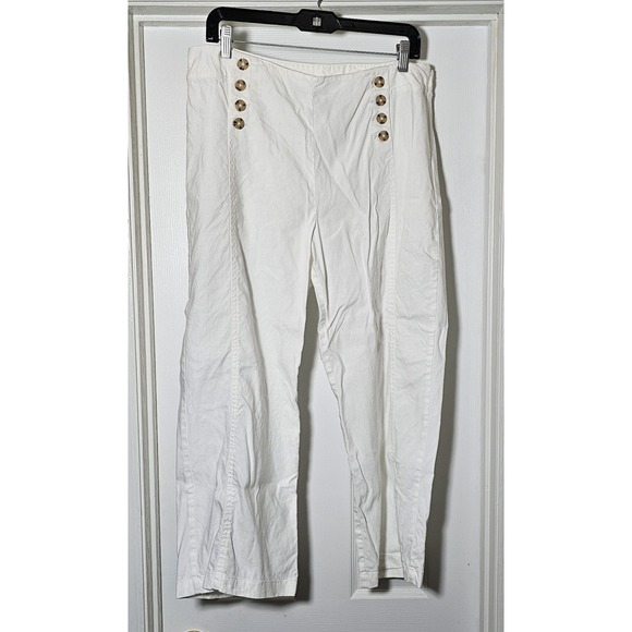 J. Jill Linen Stretch Sailor Buttons Wide Leg Pants Size 14 White Front Seam - Picture 1 of 5